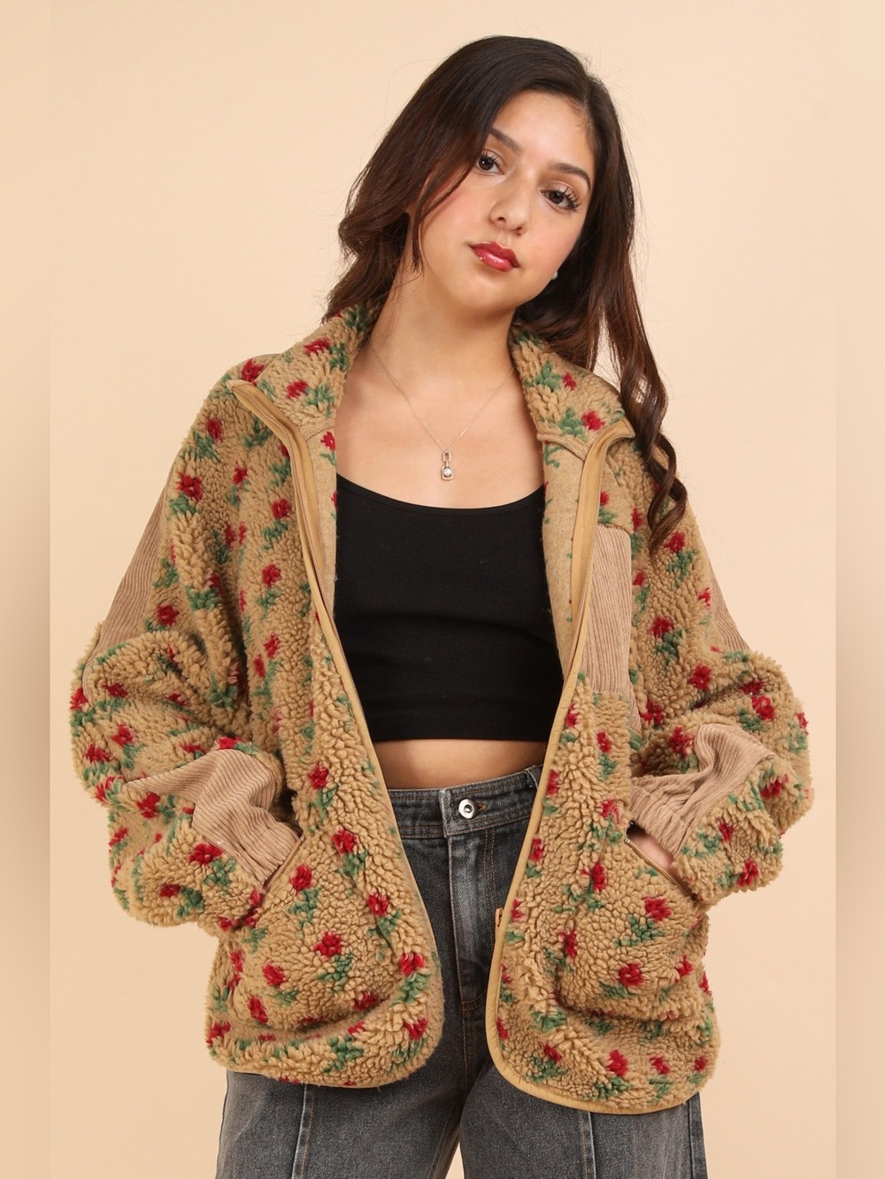 NEW IN Oversized Floral Print Sherpa Fleece Jacket Size XL ?
